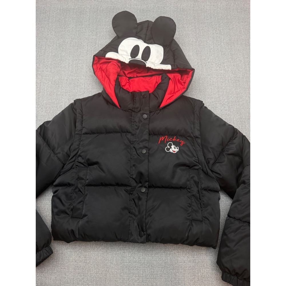 Disney x Forever 21 Mickey Mouse Cropped Hooded Puffer Jacket Convertible Vest S